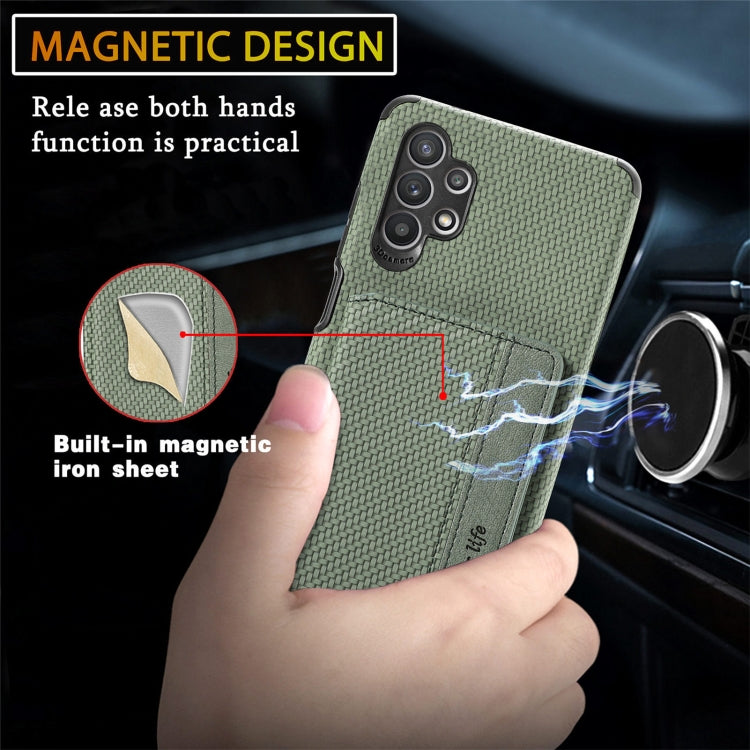 For Samsung Galaxy A32 5G Carbon Fiber Magnetic Card Bag TPU+PU Shockproof Back Cover Case with Holder & Card Slot & Photo Frame