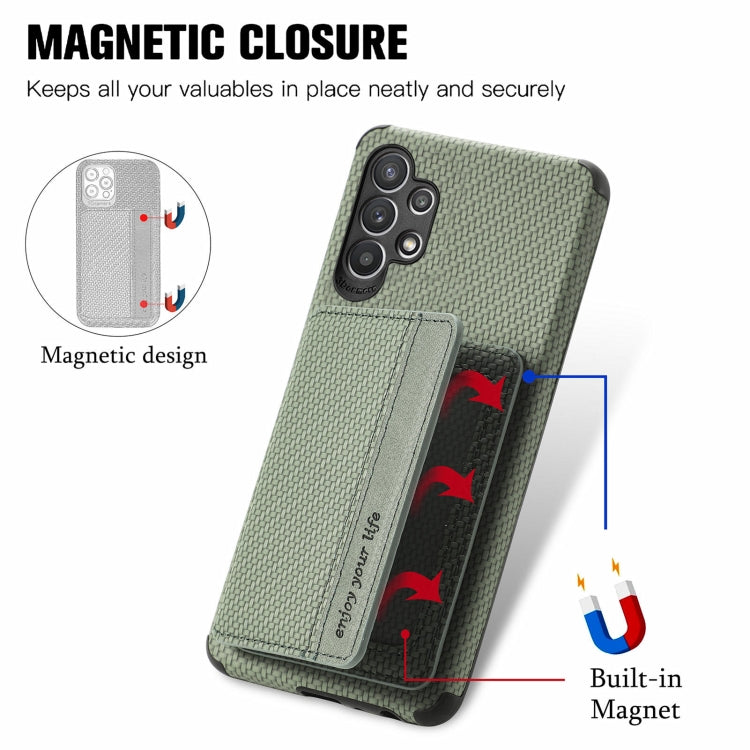 For Samsung Galaxy A32 5G Carbon Fiber Magnetic Card Bag TPU+PU Shockproof Back Cover Case with Holder & Card Slot & Photo Frame