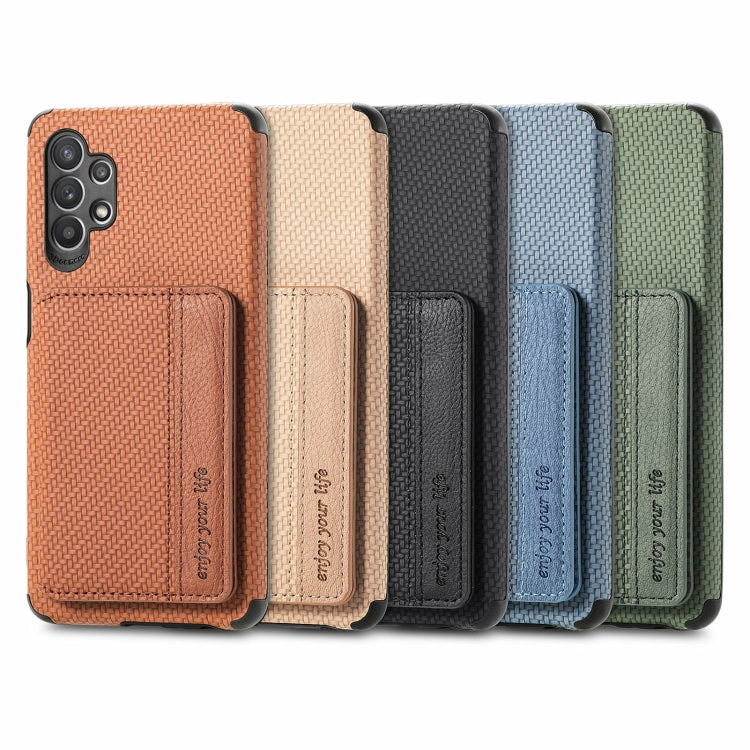For Samsung Galaxy A32 5G Carbon Fiber Magnetic Card Bag TPU+PU Shockproof Back Cover Case with Holder & Card Slot & Photo Frame