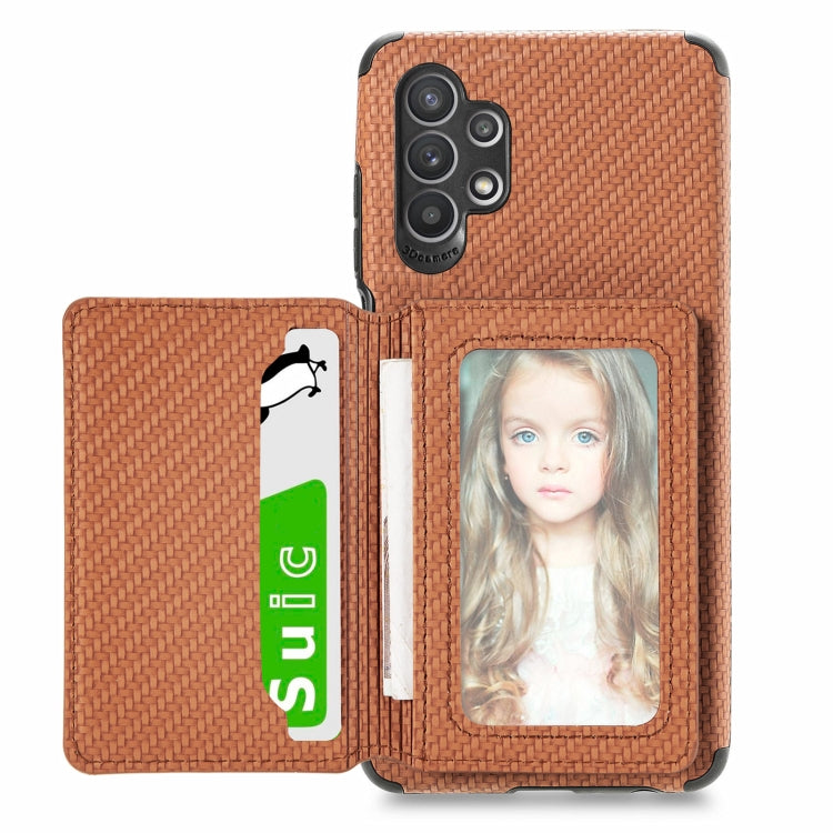 For Samsung Galaxy A32 5G Carbon Fiber Magnetic Card Bag TPU+PU Shockproof Back Cover Case with Holder & Card Slot & Photo Frame