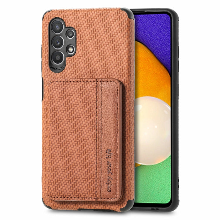 For Samsung Galaxy A32 5G Carbon Fiber Magnetic Card Bag TPU+PU Shockproof Back Cover Case with Holder & Card Slot & Photo Frame