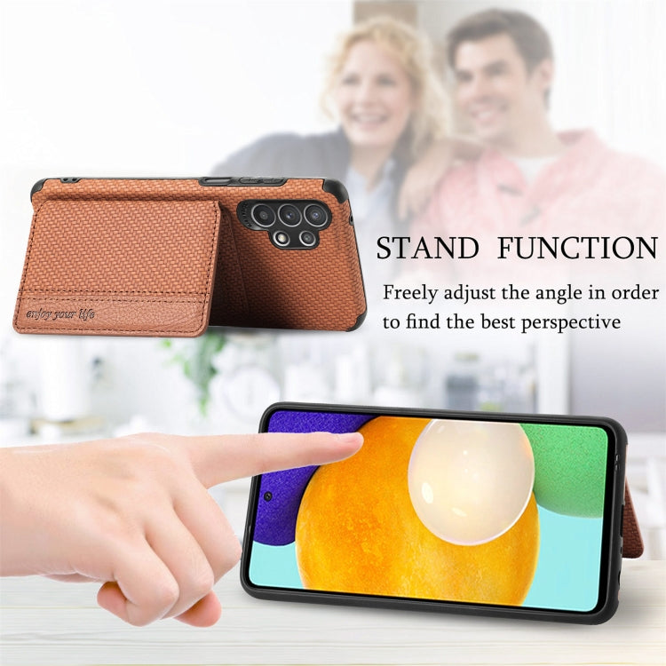For Samsung Galaxy A32 5G Carbon Fiber Magnetic Card Bag TPU+PU Shockproof Back Cover Case with Holder & Card Slot & Photo Frame