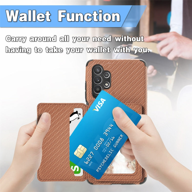 For Samsung Galaxy A32 5G Carbon Fiber Magnetic Card Bag TPU+PU Shockproof Back Cover Case with Holder & Card Slot & Photo Frame