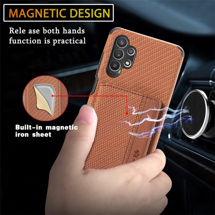 For Samsung Galaxy A32 5G Carbon Fiber Magnetic Card Bag TPU+PU Shockproof Back Cover Case with Holder & Card Slot & Photo Frame