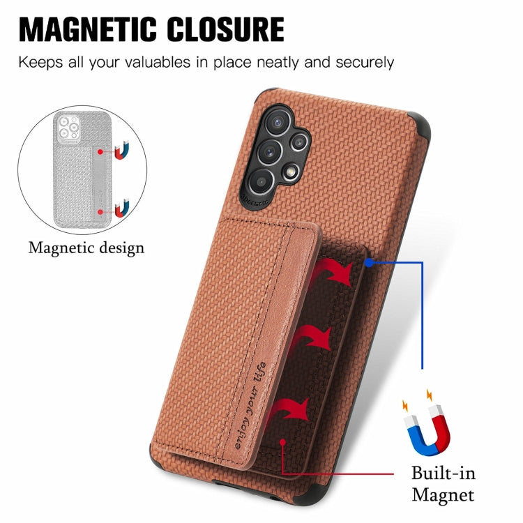 For Samsung Galaxy A32 5G Carbon Fiber Magnetic Card Bag TPU+PU Shockproof Back Cover Case with Holder & Card Slot & Photo Frame