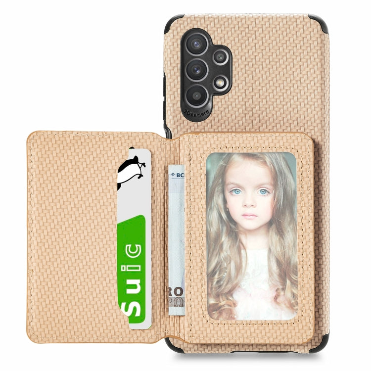 For Samsung Galaxy A32 5G Carbon Fiber Magnetic Card Bag TPU+PU Shockproof Back Cover Case with Holder & Card Slot & Photo Frame