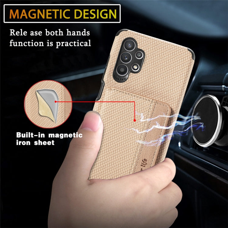 For Samsung Galaxy A32 5G Carbon Fiber Magnetic Card Bag TPU+PU Shockproof Back Cover Case with Holder & Card Slot & Photo Frame