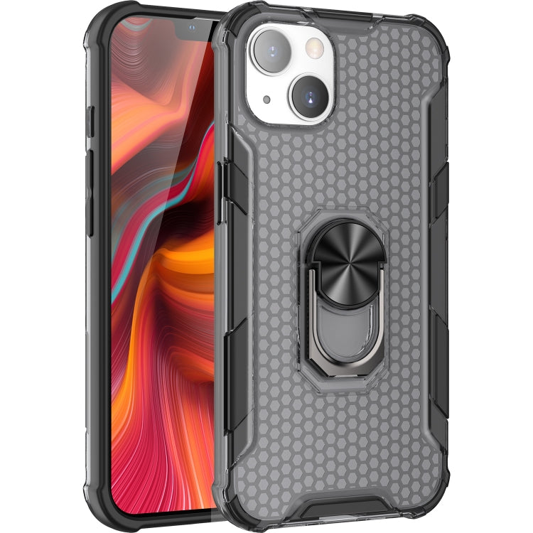For iPhone 13 Honeycomb PC + TPU Shockproof Case with Ring Holder
