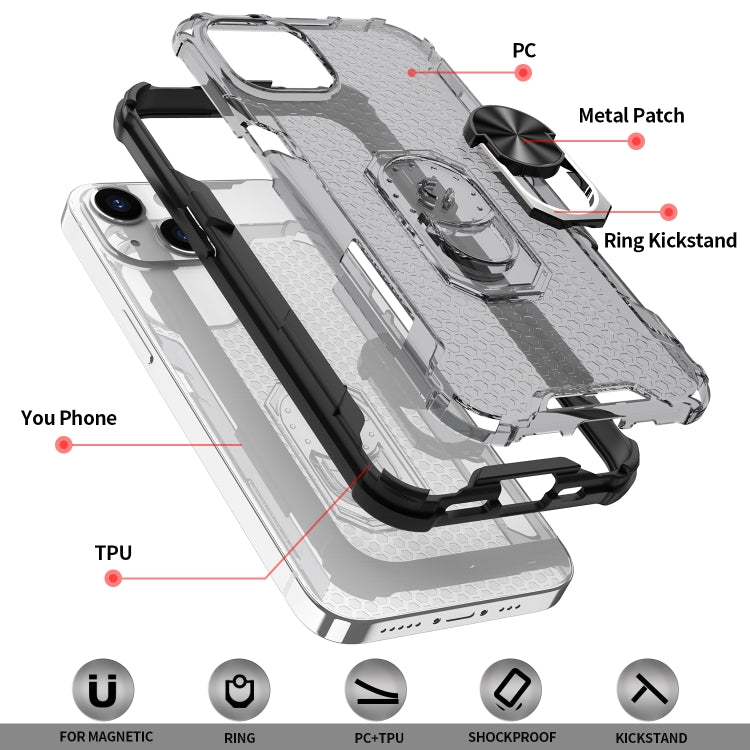 For iPhone 13 Honeycomb PC + TPU Shockproof Case with Ring Holder