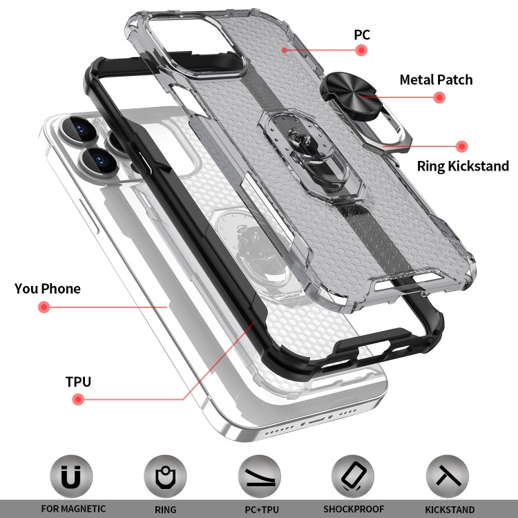 For iPhone 13 Pro Honeycomb PC + TPU Shockproof Case with Ring Holder