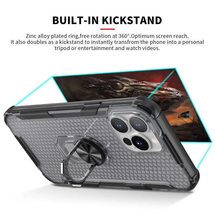 For iPhone 13 Pro Honeycomb PC + TPU Shockproof Case with Ring Holder