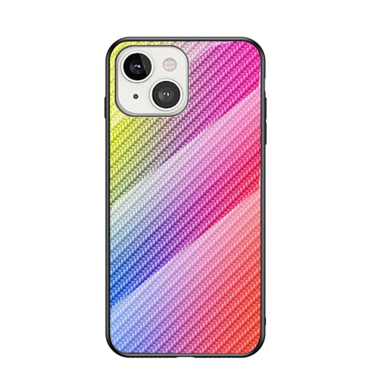 For iPhone 13 mini Gradient Carbon Fiber Texture TPU Border Tempered Glass Case