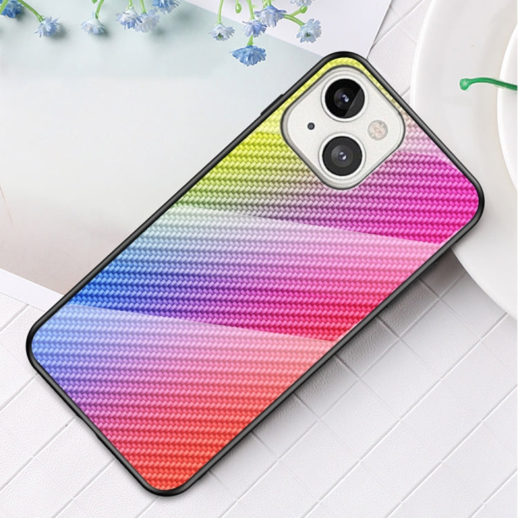 For iPhone 13 mini Gradient Carbon Fiber Texture TPU Border Tempered Glass Case