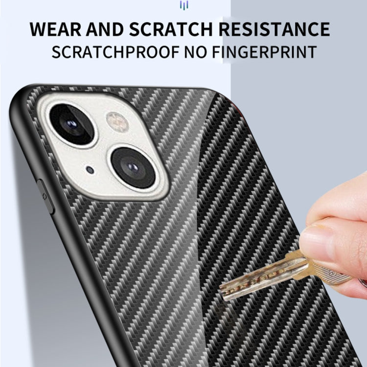 For iPhone 13 mini Gradient Carbon Fiber Texture TPU Border Tempered Glass Case