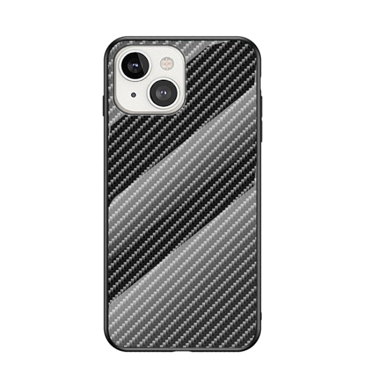 For iPhone 13 mini Gradient Carbon Fiber Texture TPU Border Tempered Glass Case