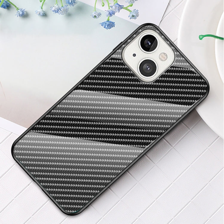 For iPhone 13 mini Gradient Carbon Fiber Texture TPU Border Tempered Glass Case