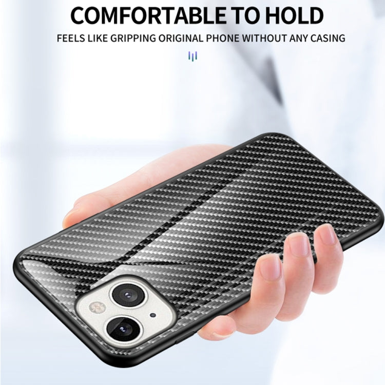 For iPhone 13 mini Gradient Carbon Fiber Texture TPU Border Tempered Glass Case