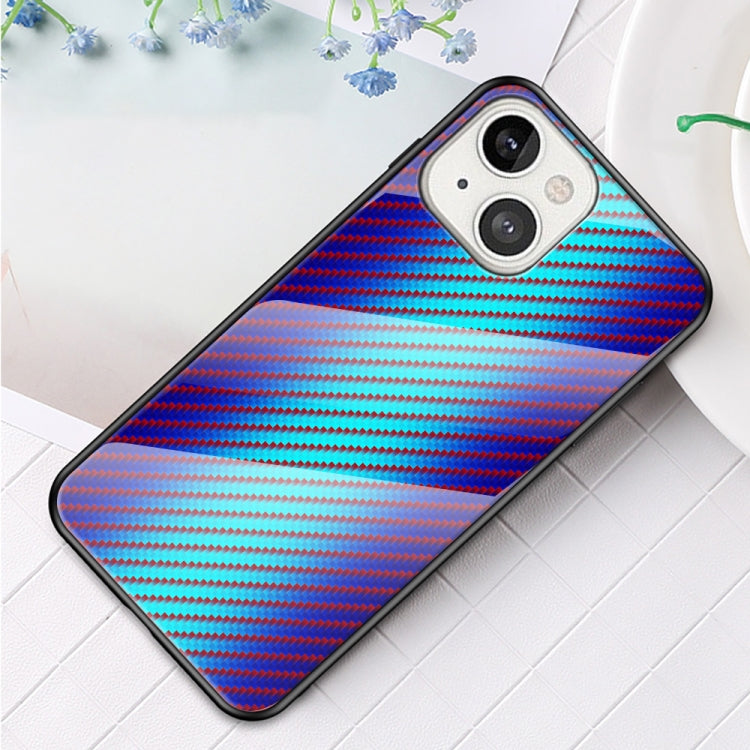 For iPhone 13 mini Gradient Carbon Fiber Texture TPU Border Tempered Glass Case