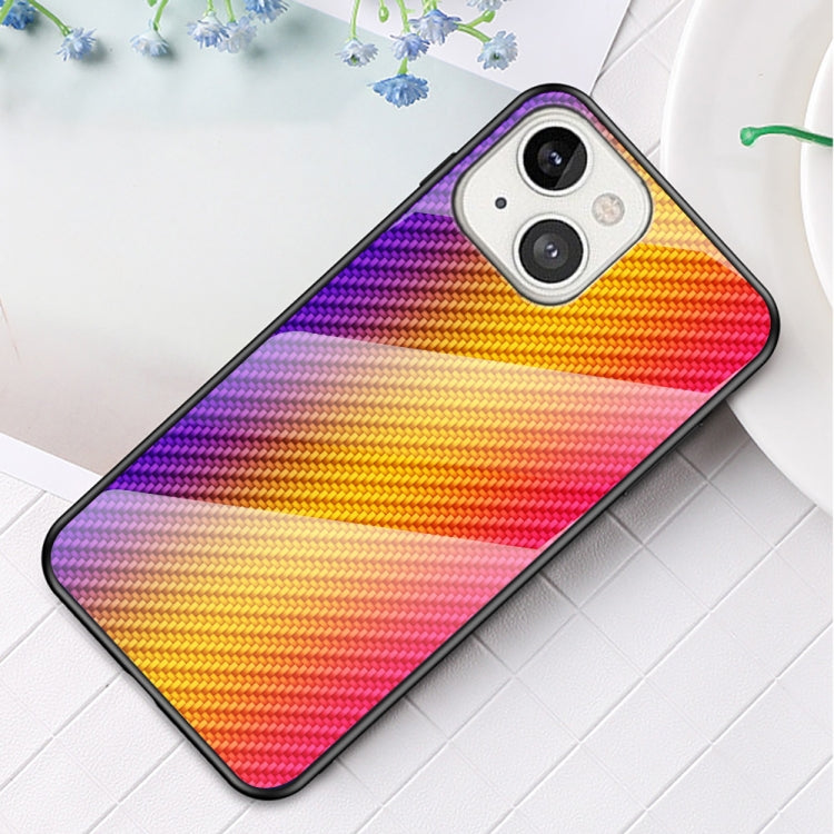 For iPhone 13 Gradient Carbon Fiber Texture TPU Border Tempered Glass Case
