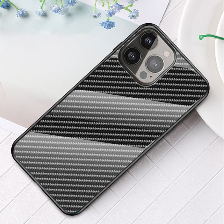 For iPhone 13 Pro Gradient Carbon Fiber Texture TPU Border Tempered Glass Case