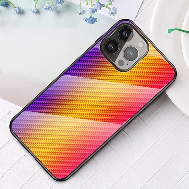 For iPhone 13 Pro Gradient Carbon Fiber Texture TPU Border Tempered Glass Case