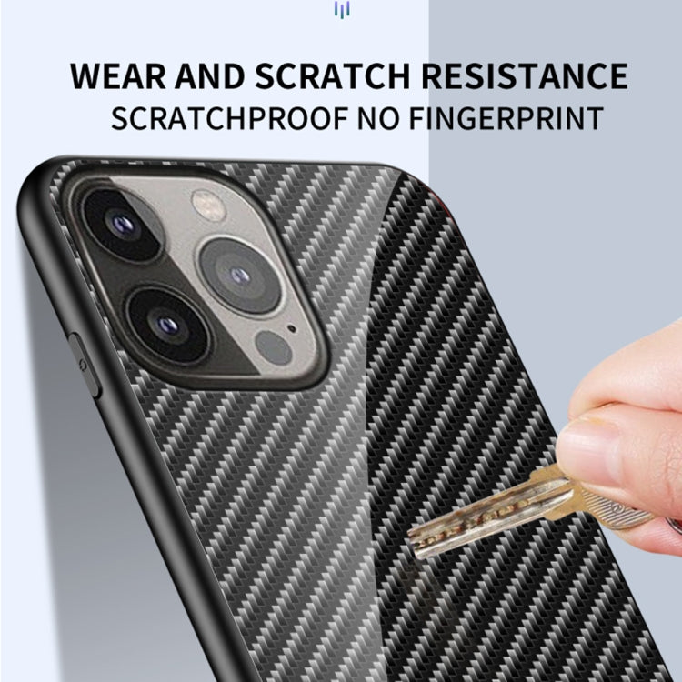 For iPhone 13 Pro Gradient Carbon Fiber Texture TPU Border Tempered Glass Case