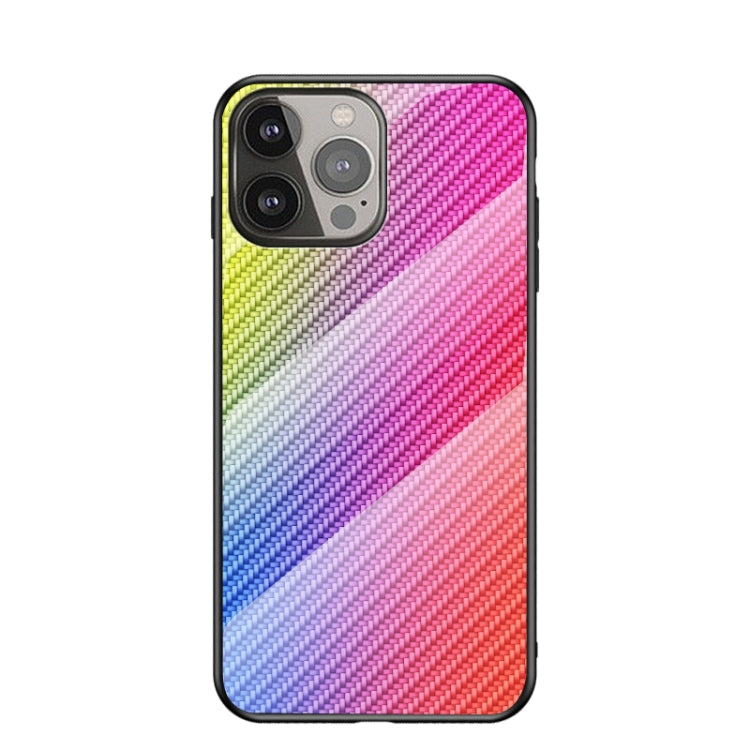 For iPhone 13 Pro Max Gradient Carbon Fiber Texture TPU Border Tempered Glass Case