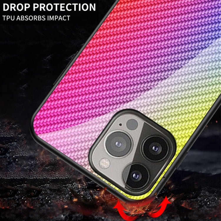 For iPhone 13 Pro Max Gradient Carbon Fiber Texture TPU Border Tempered Glass Case