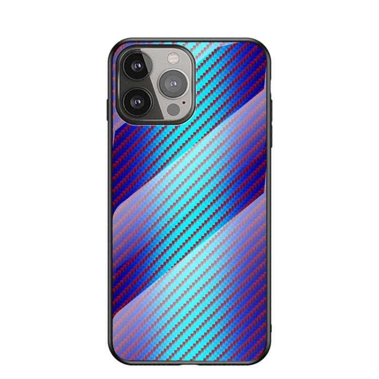 For iPhone 13 Pro Max Gradient Carbon Fiber Texture TPU Border Tempered Glass Case