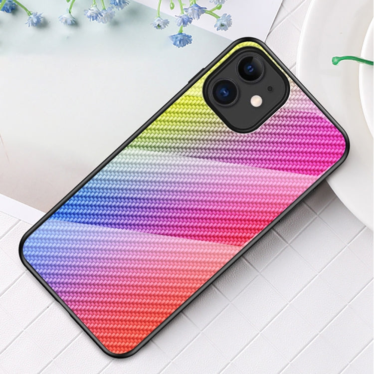 For iPhone 12 mini Gradient Carbon Fiber Texture TPU Border Tempered Glass Case