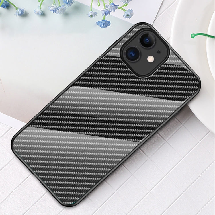 For iPhone 12 mini Gradient Carbon Fiber Texture TPU Border Tempered Glass Case