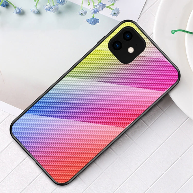 For iPhone 11 Gradient Carbon Fiber Texture TPU Border Tempered Glass Case