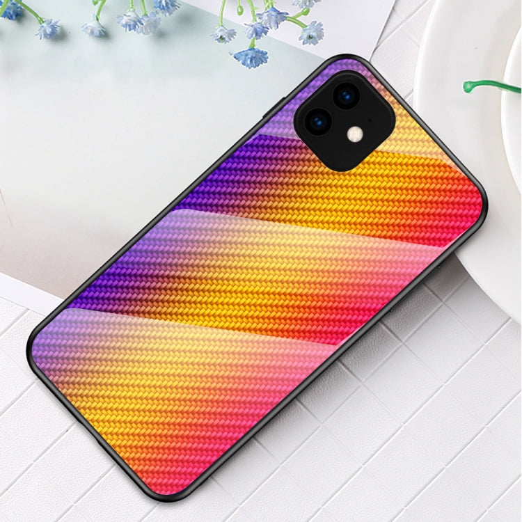 For iPhone 11 Gradient Carbon Fiber Texture TPU Border Tempered Glass Case