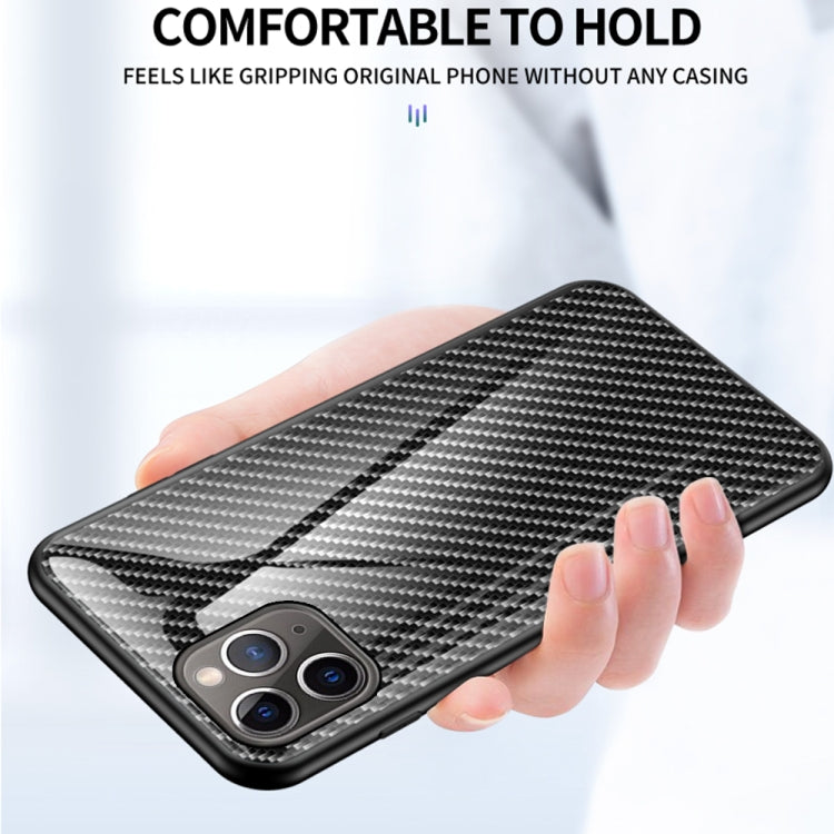 For iPhone 11 Pro Max Gradient Carbon Fiber Texture TPU Border Tempered Glass Case