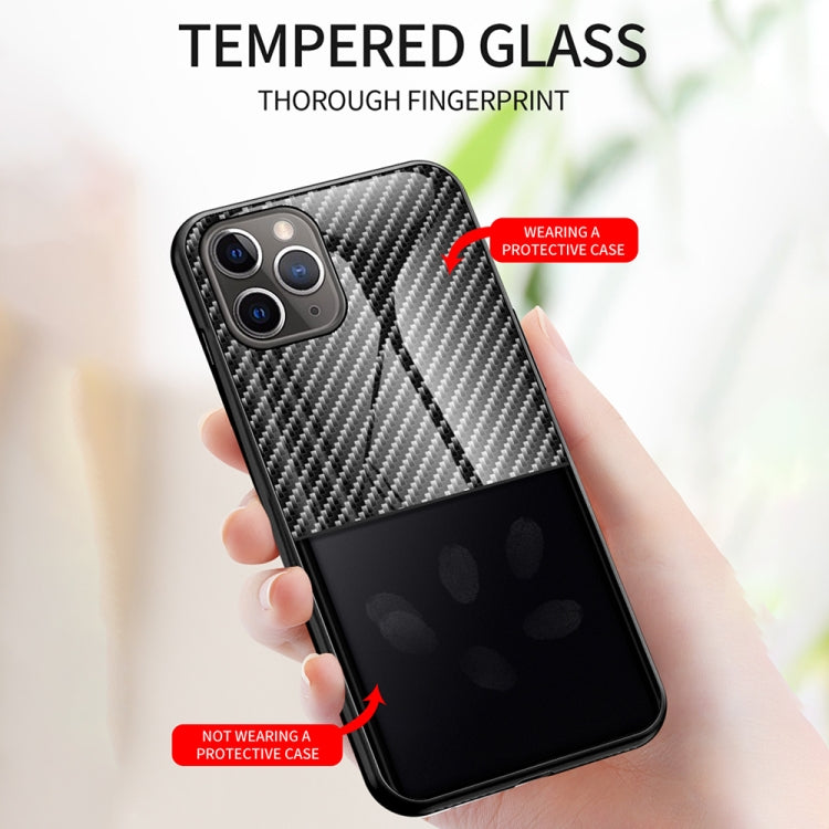 For iPhone 11 Pro Max Gradient Carbon Fiber Texture TPU Border Tempered Glass Case