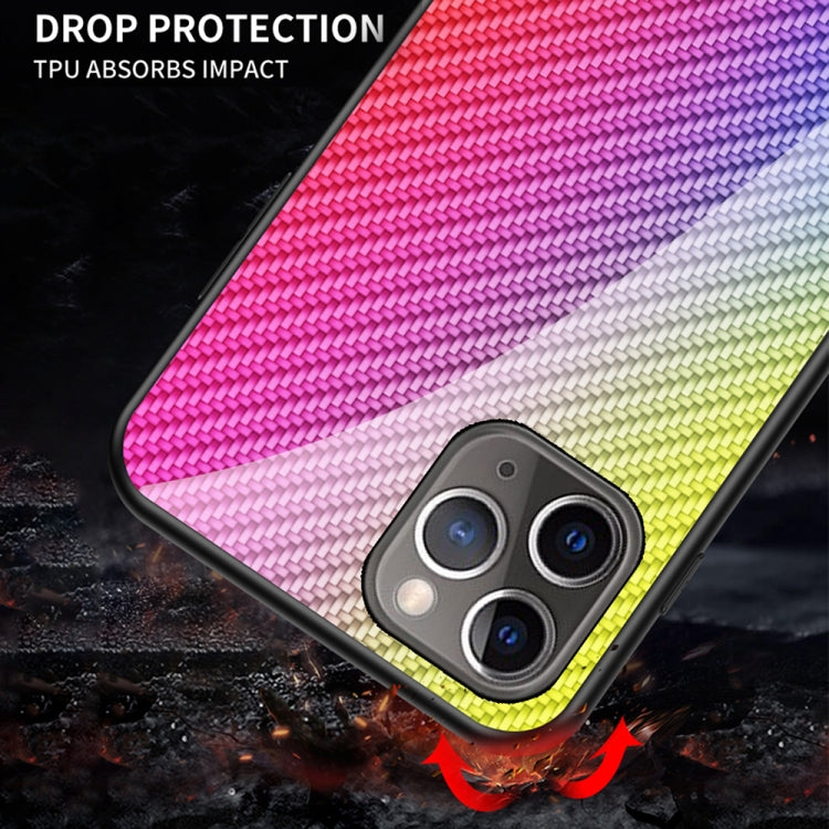For iPhone 11 Pro Max Gradient Carbon Fiber Texture TPU Border Tempered Glass Case
