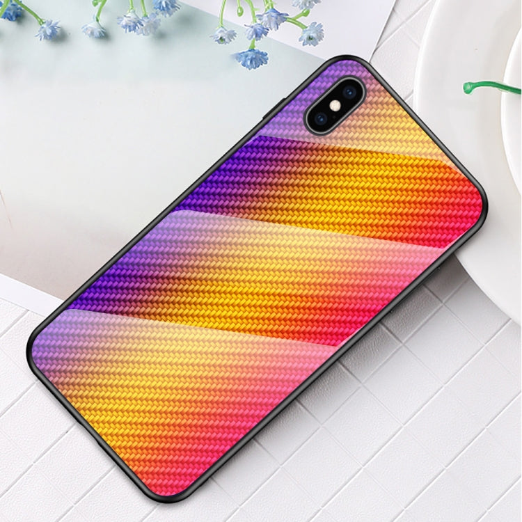 For iPhone X / XS Gradient Carbon Fiber Texture TPU Border Tempered Glass Case