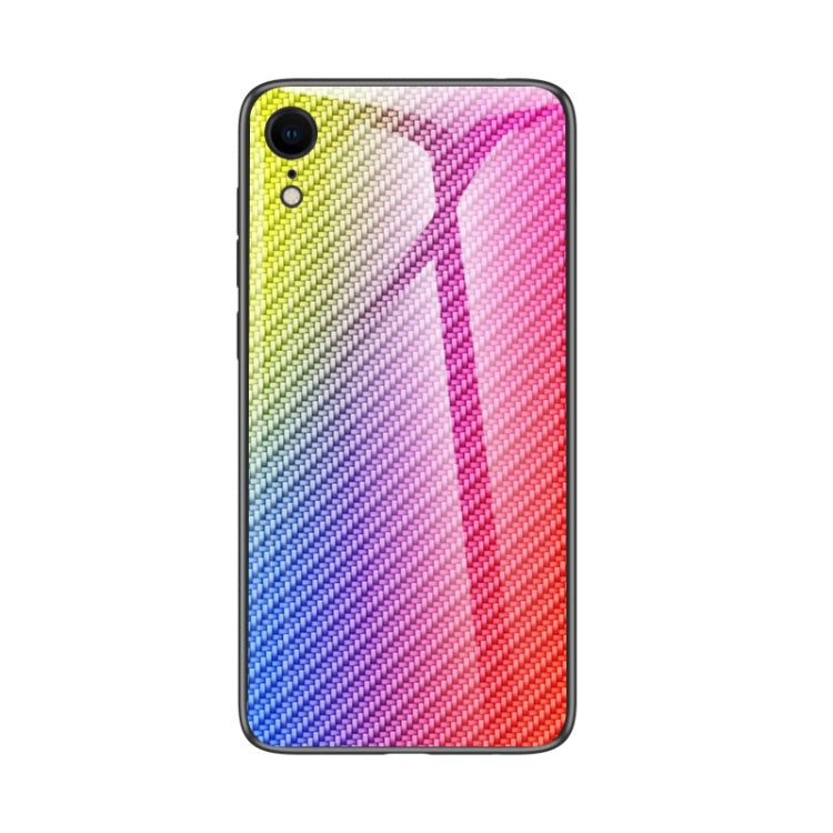 For iPhone XR Gradient Carbon Fiber Texture TPU Border Tempered Glass Case