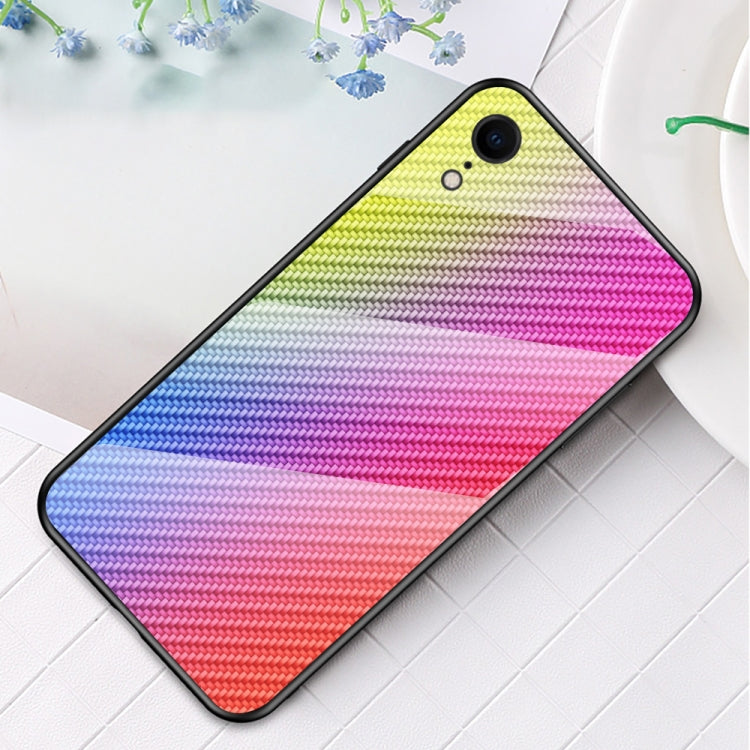 For iPhone XR Gradient Carbon Fiber Texture TPU Border Tempered Glass Case