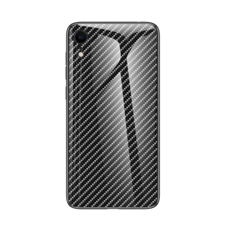 For iPhone XR Gradient Carbon Fiber Texture TPU Border Tempered Glass Case
