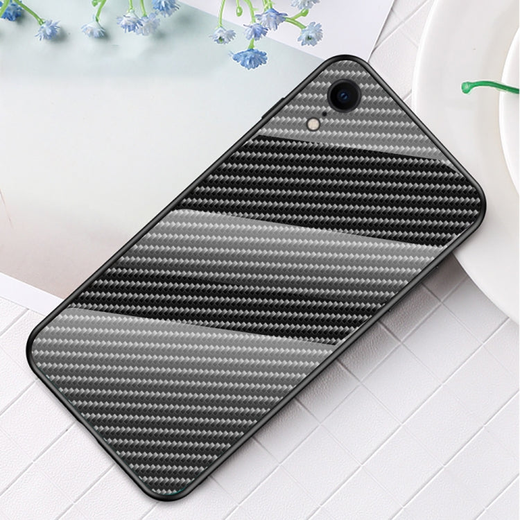 For iPhone XR Gradient Carbon Fiber Texture TPU Border Tempered Glass Case