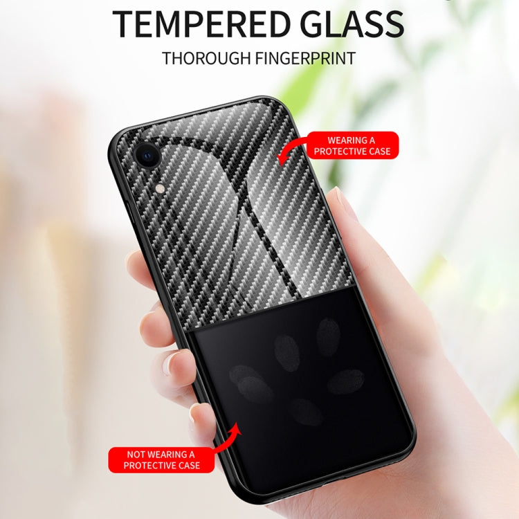 For iPhone XR Gradient Carbon Fiber Texture TPU Border Tempered Glass Case