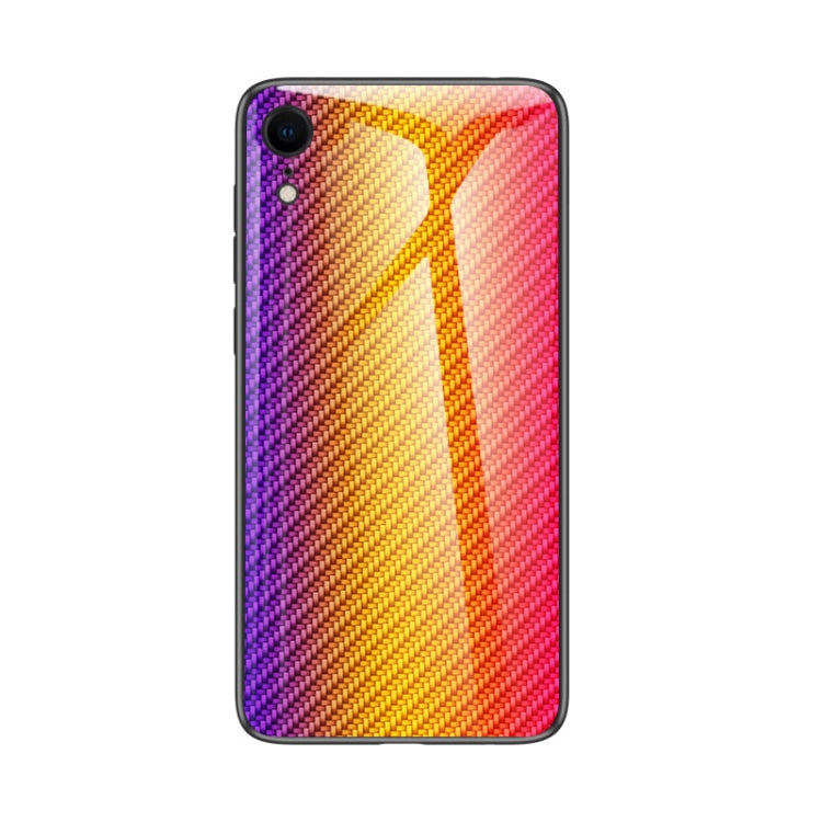 For iPhone XR Gradient Carbon Fiber Texture TPU Border Tempered Glass Case