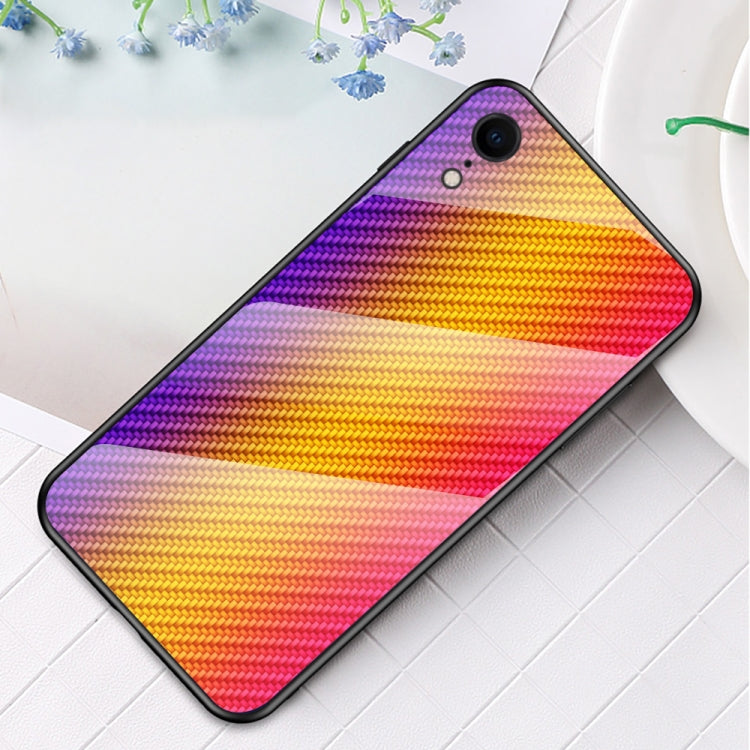 For iPhone XR Gradient Carbon Fiber Texture TPU Border Tempered Glass Case