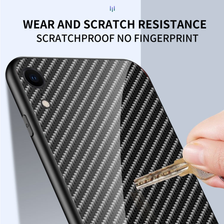 For iPhone XR Gradient Carbon Fiber Texture TPU Border Tempered Glass Case