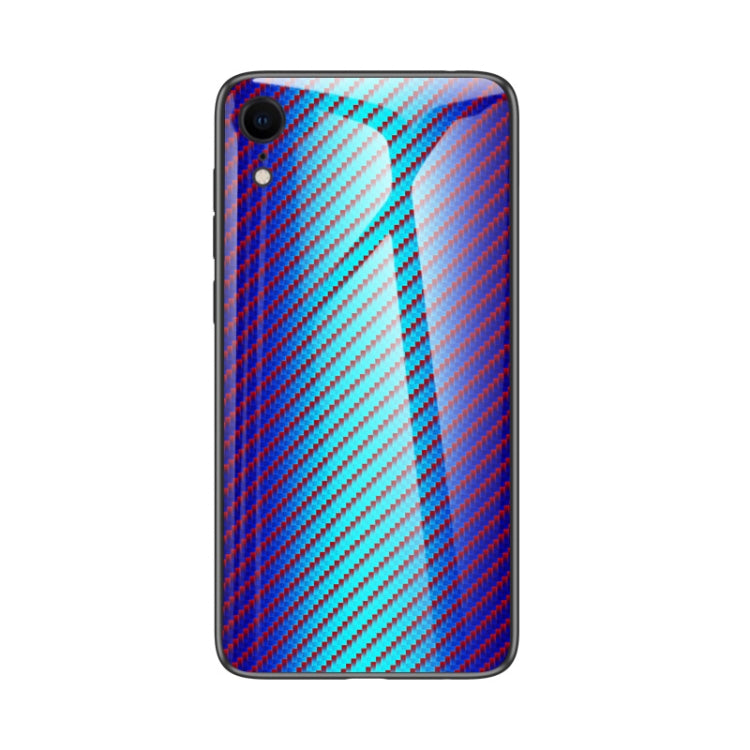 For iPhone XR Gradient Carbon Fiber Texture TPU Border Tempered Glass Case