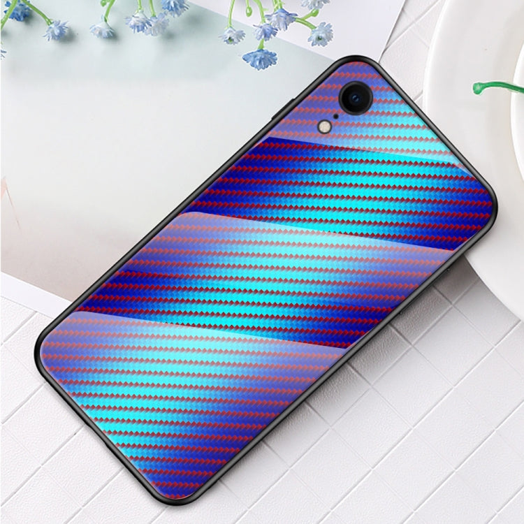 For iPhone XR Gradient Carbon Fiber Texture TPU Border Tempered Glass Case