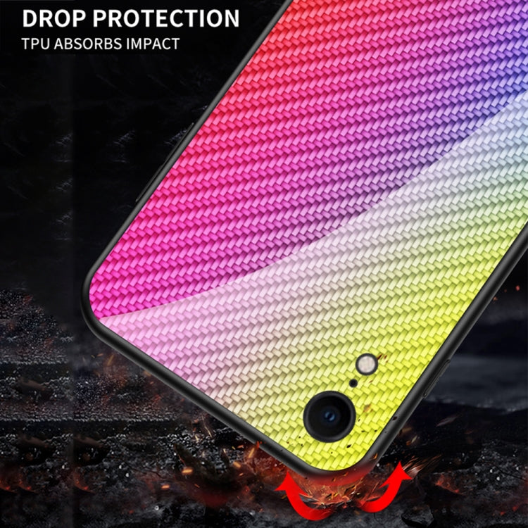 For iPhone XR Gradient Carbon Fiber Texture TPU Border Tempered Glass Case