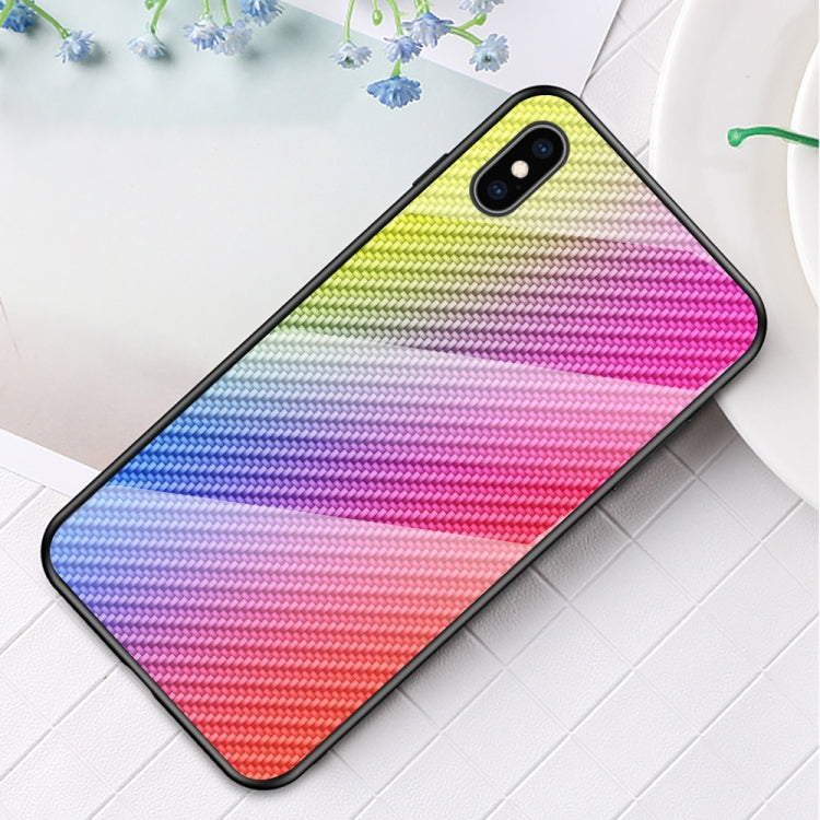 For iPhone XS Max Gradient Carbon Fiber Texture TPU Border Tempered Glass Case