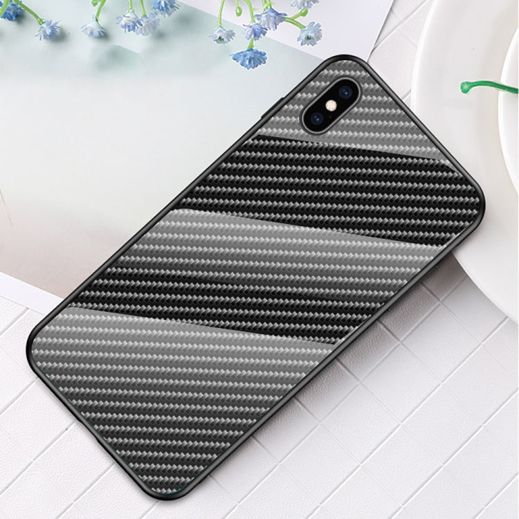 For iPhone XS Max Gradient Carbon Fiber Texture TPU Border Tempered Glass Case